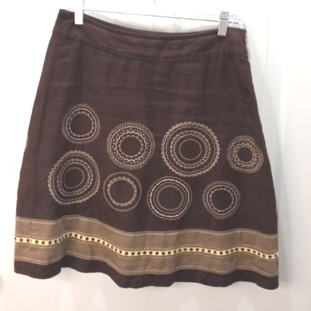 Talbots Petites Brown Embroidered Circles & Trim on 💯% Linen Skirt, Size 8